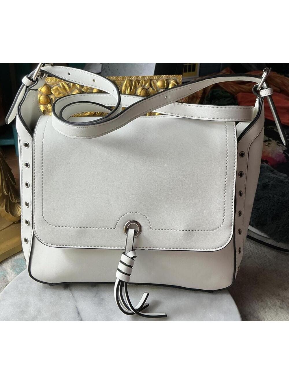 London Fog Tassle Fold Over Flap Crossbody Bag Purse White
